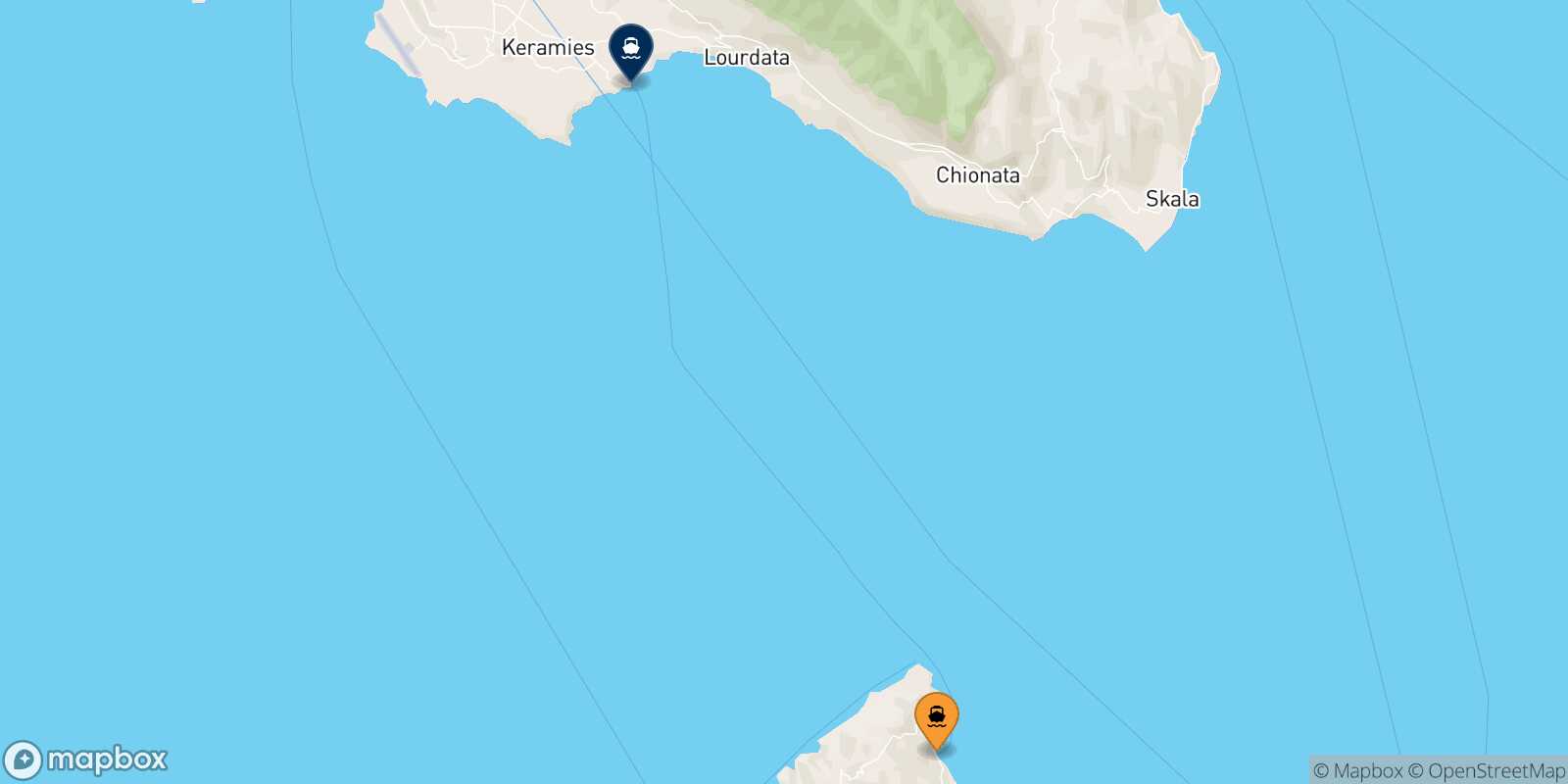 Mapa de los destinos alcanzables de Ag. Nikolas (Zakynthos)