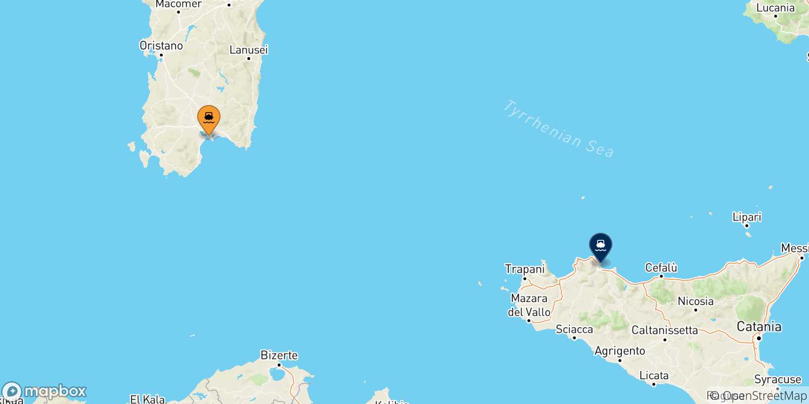 Mapa de las posibles rutas entre Cagliari y  Sicilia