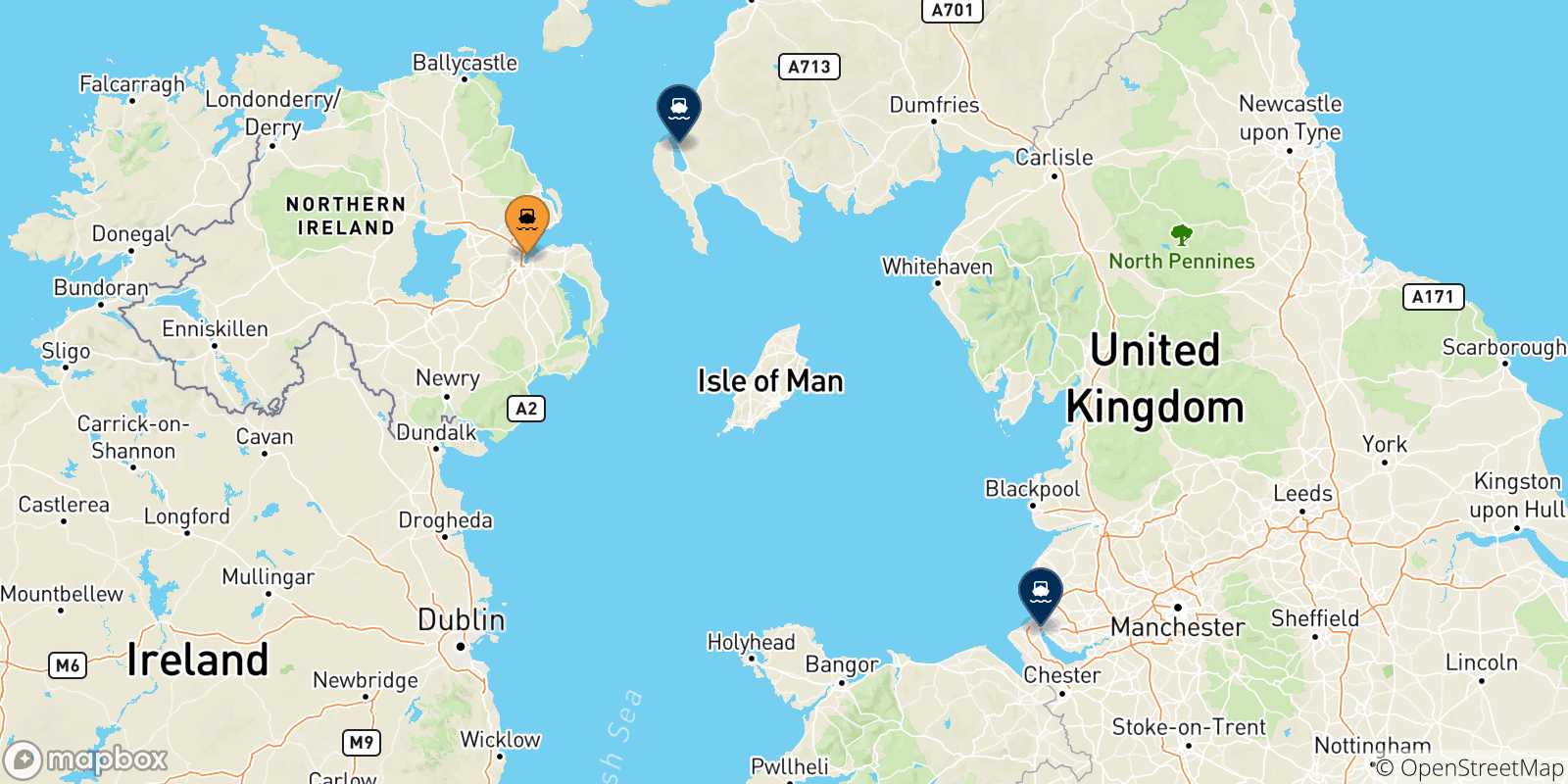 Mapa de los destinos alcanzables de Irlanda Del Norte