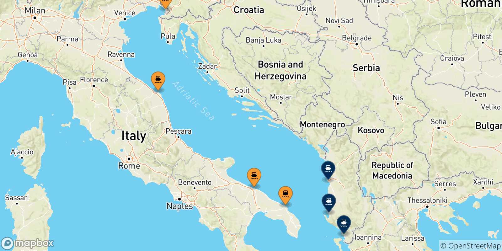 Mapa de las posibles rutas entre Italia y  Albania