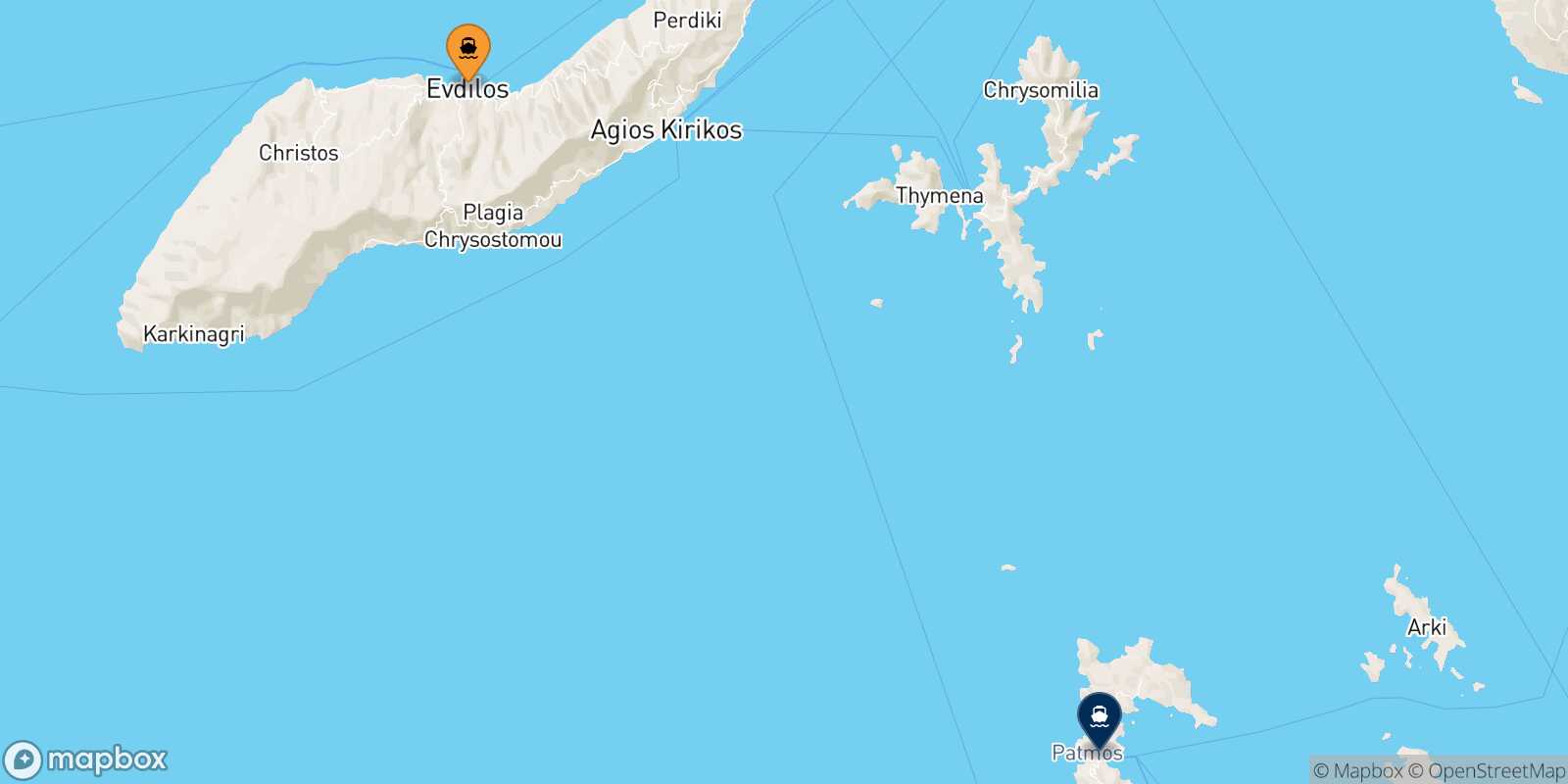 Mapa de la ruta Agios Kirikos (Ikaria) Patmos