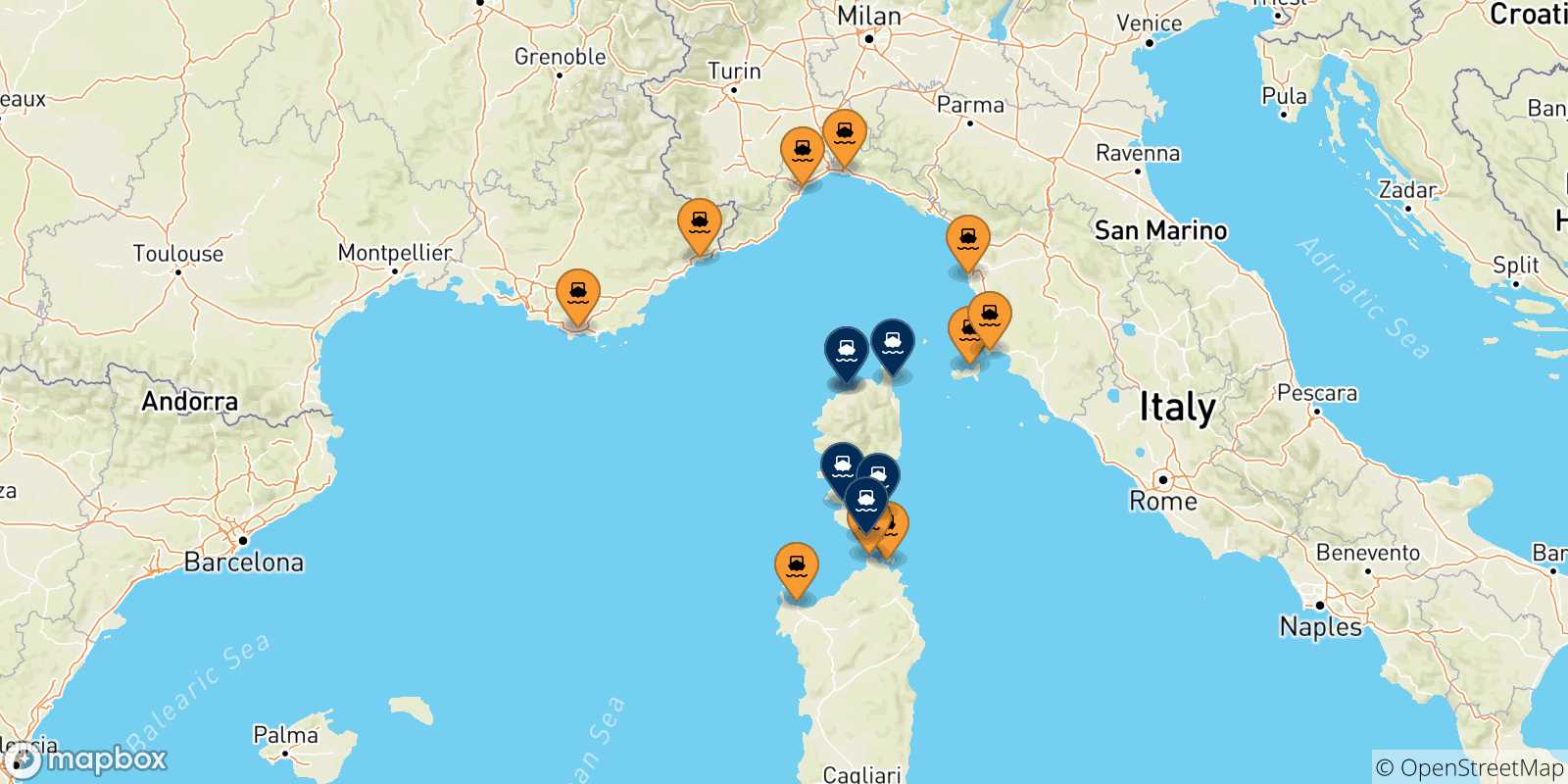 Mapa de los puertos conectados con  Córcega