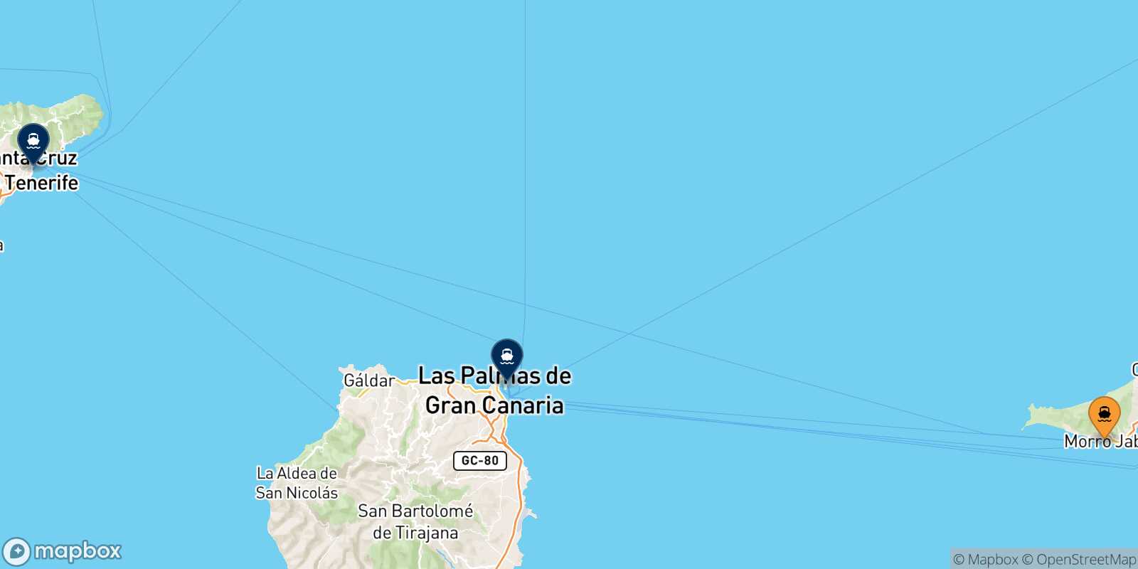 Mapa de los destinos alcanzables de Morro Jable (Fuerteventura)
