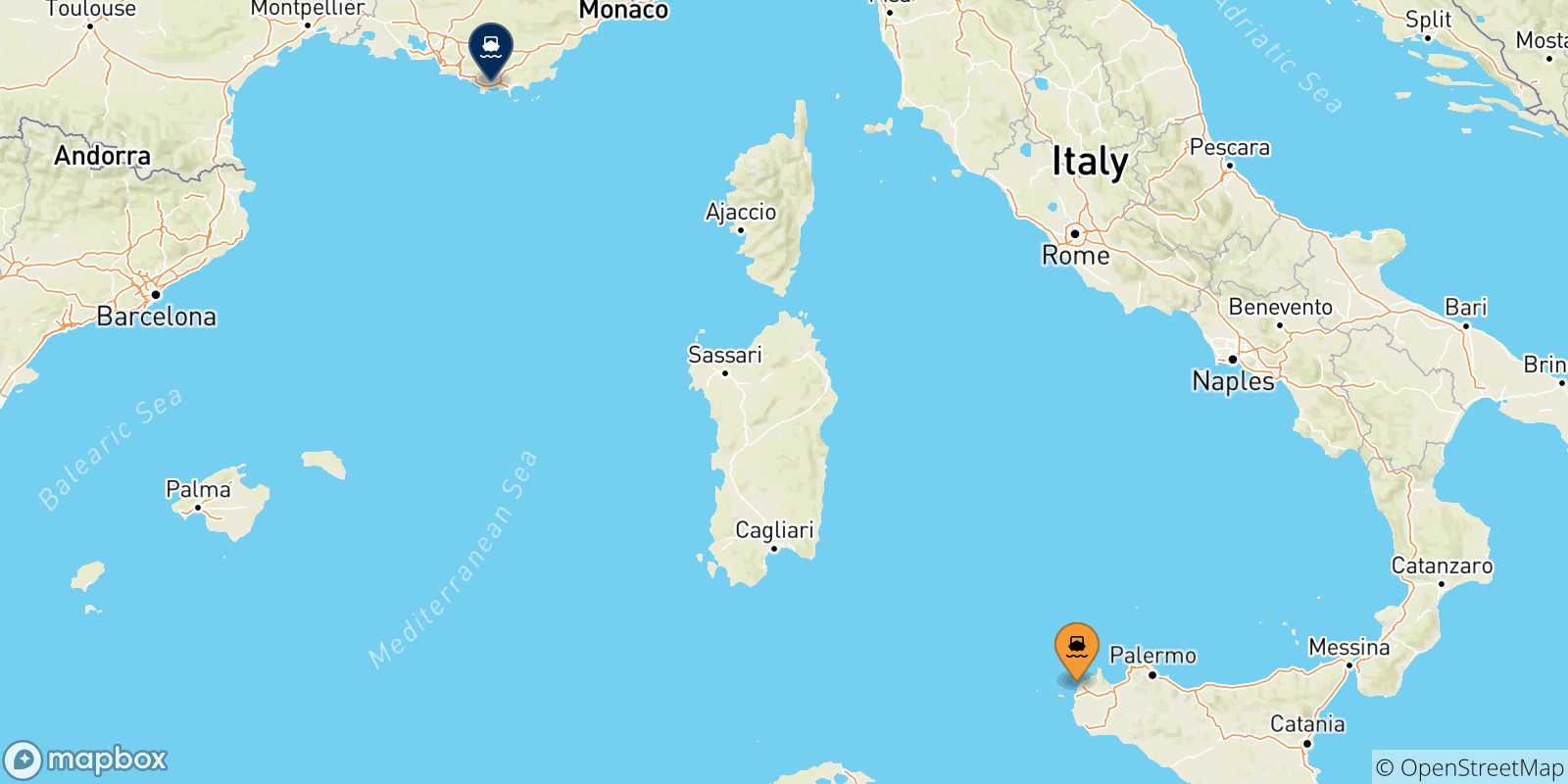 Mapa de las posibles rutas entre Sicilia y  Tolón