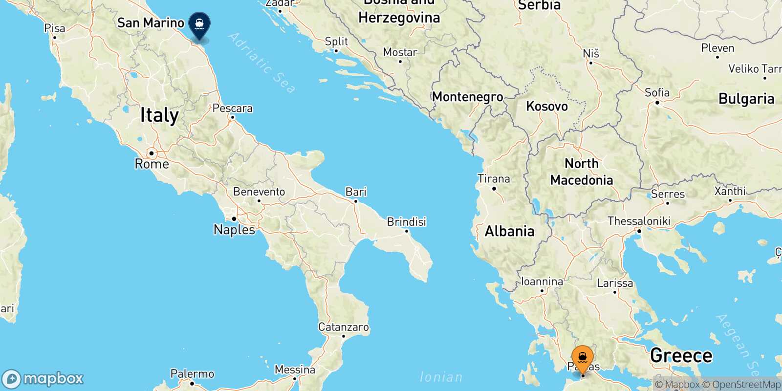 Mapa de la ruta Patras Ancona