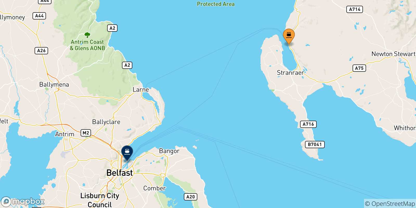 Mapa de las posibles rutas entre Escocia y  Belfast