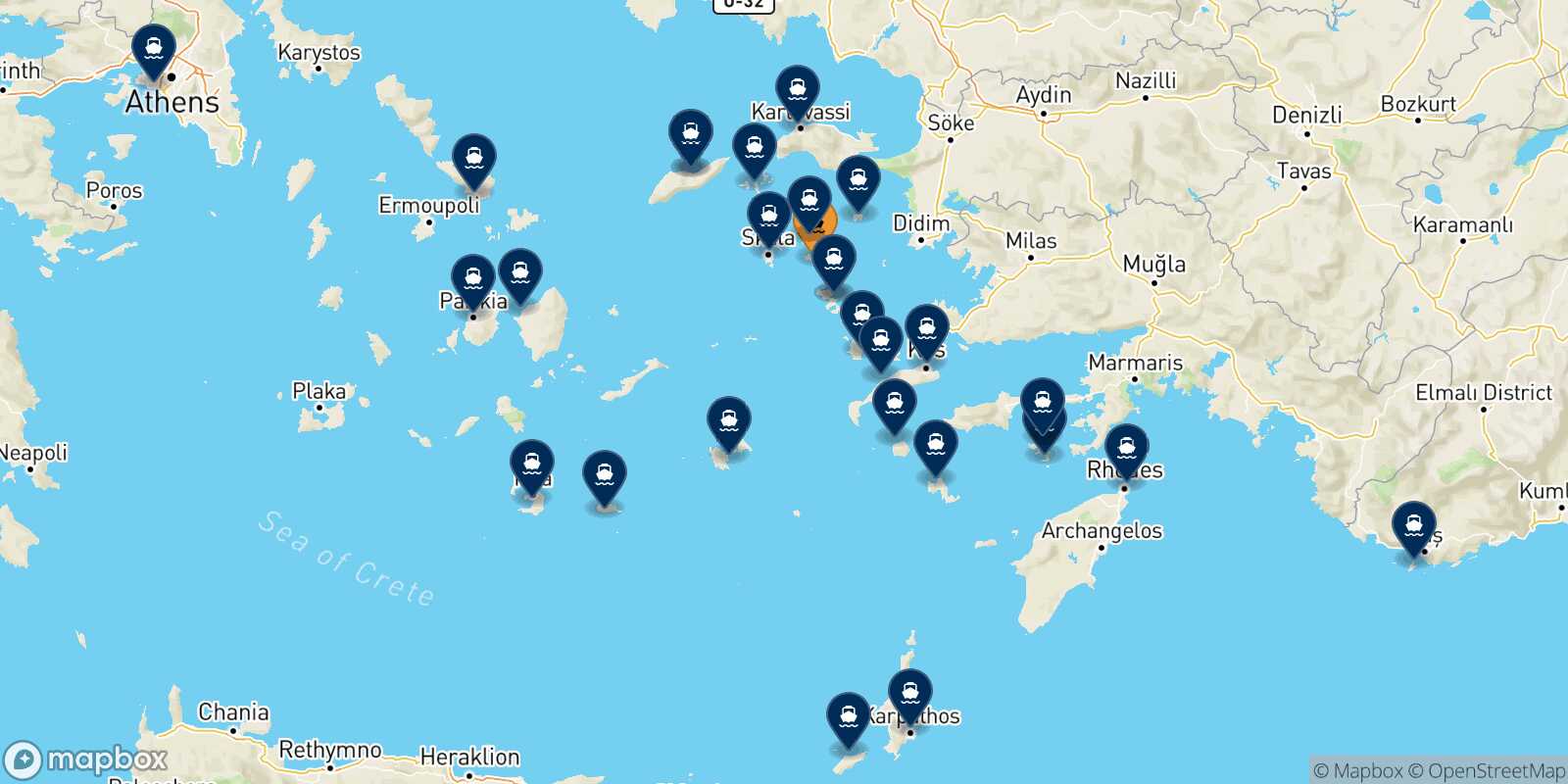 Mapa de los destinos alcanzables de Lipsi