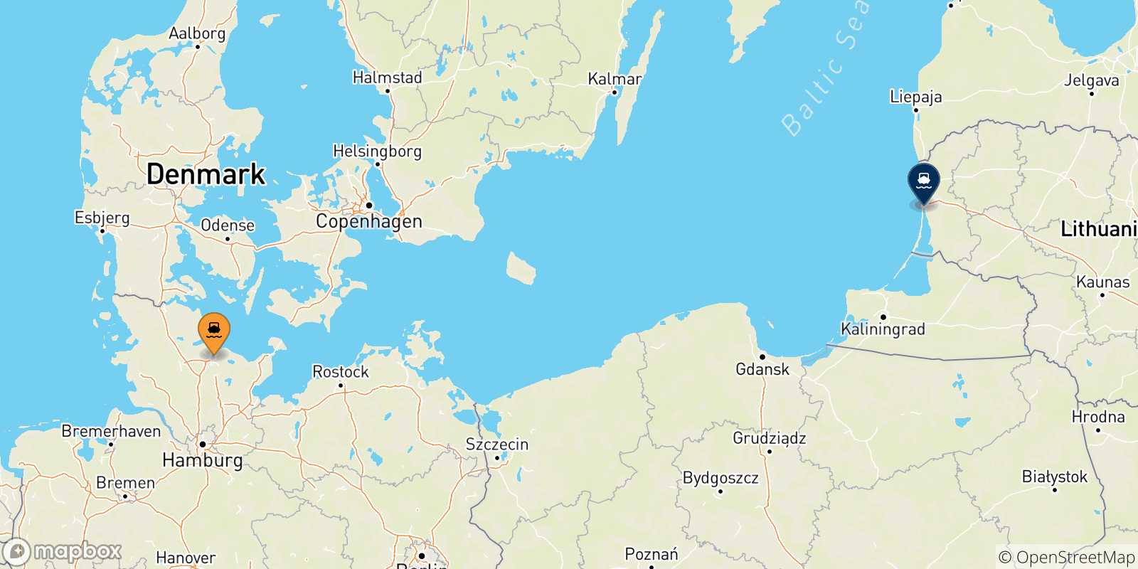 Mapa de las posibles rutas entre Alemania y  Lituania