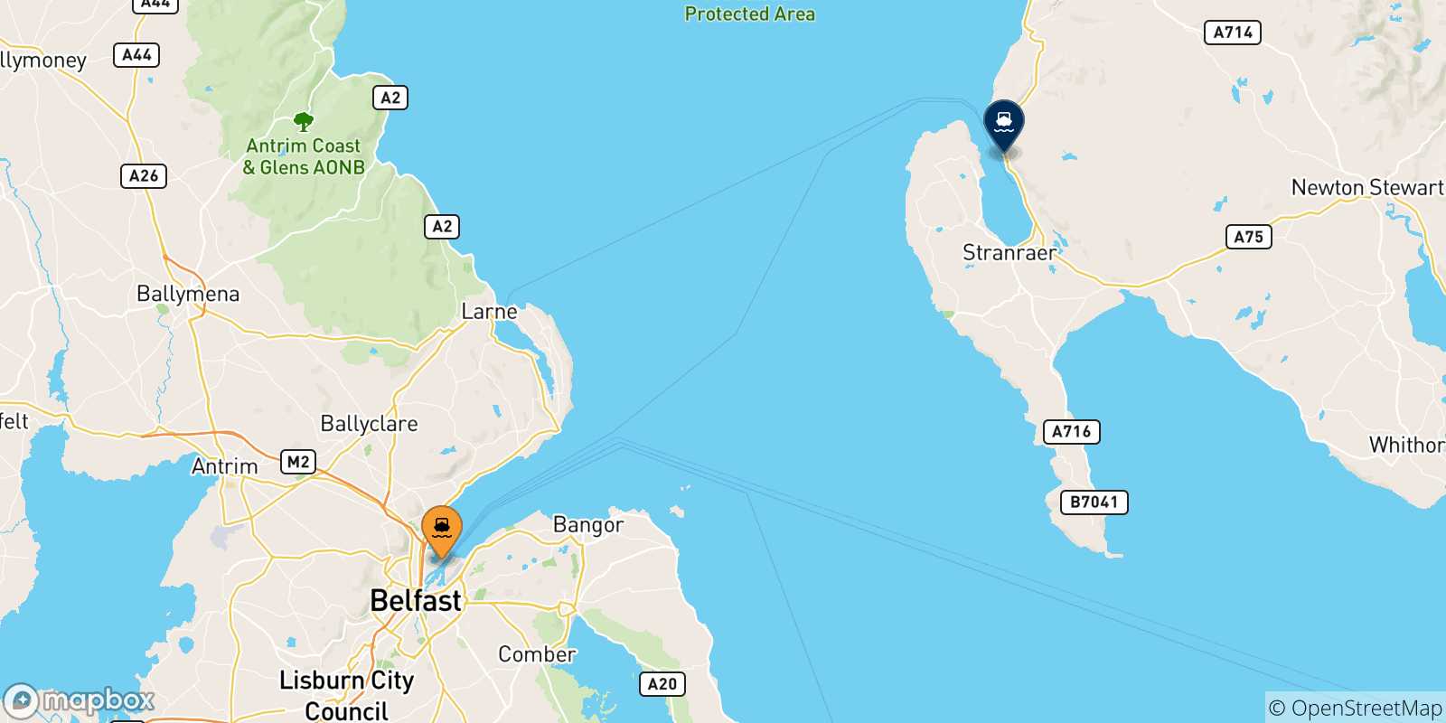 Mapa de las posibles rutas entre Belfast y  Escocia