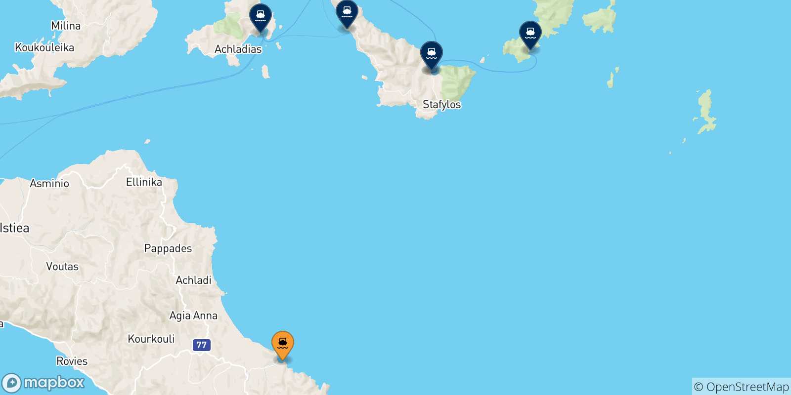 Mapa de las posibles rutas entre Mantoudi (Evia) y  Islas Espóradas