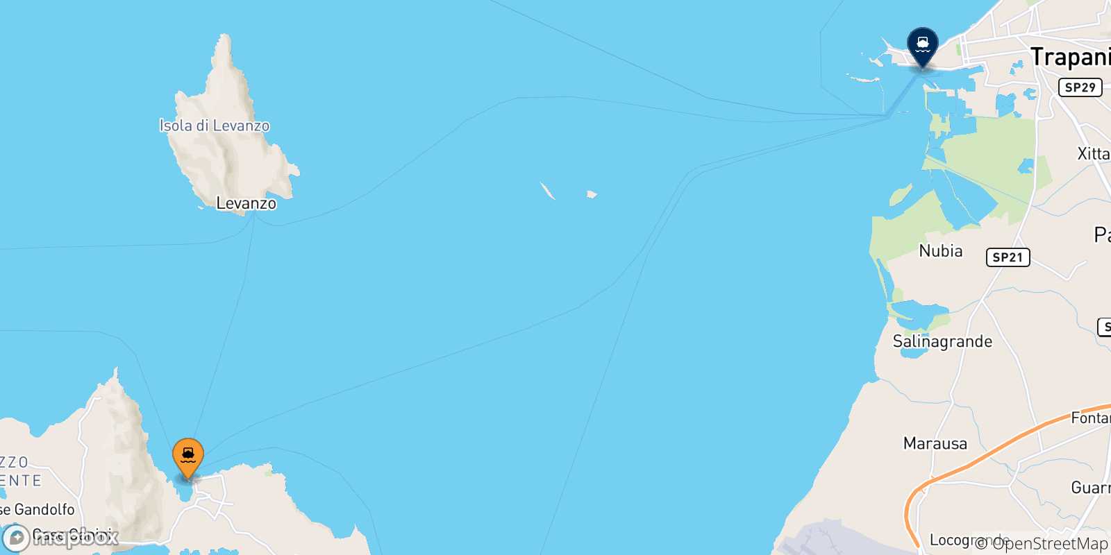 Mapa de las posibles rutas entre Favignana y  Sicilia