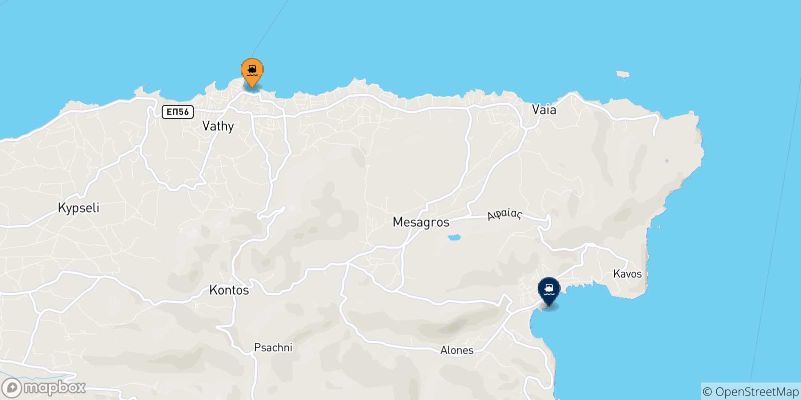 Mapa de las posibles rutas entre Souvala (Aegina) y  Islas Sarónicas