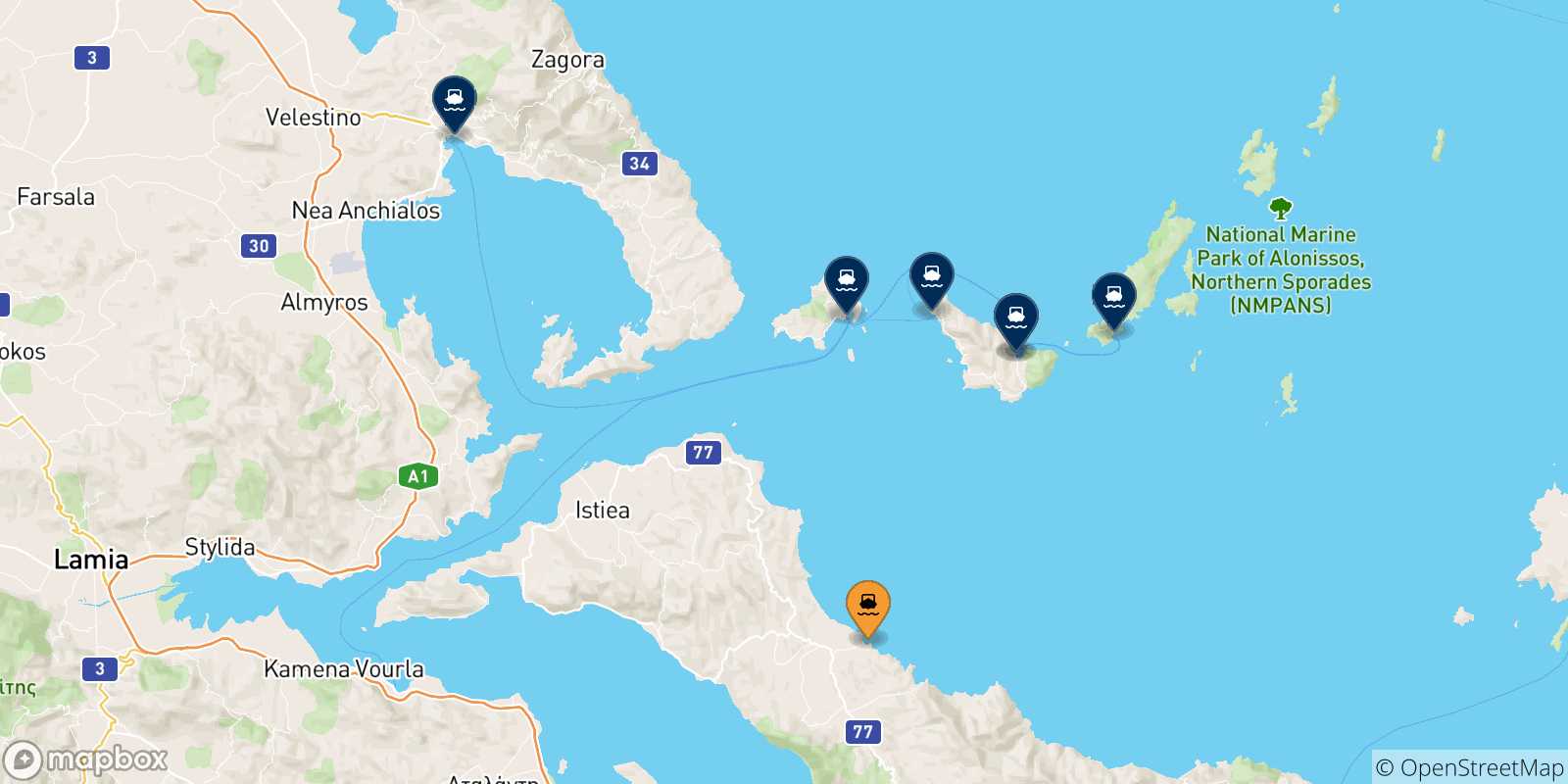 Mapa de las posibles rutas entre Mantoudi (Evia) y  Grecia
