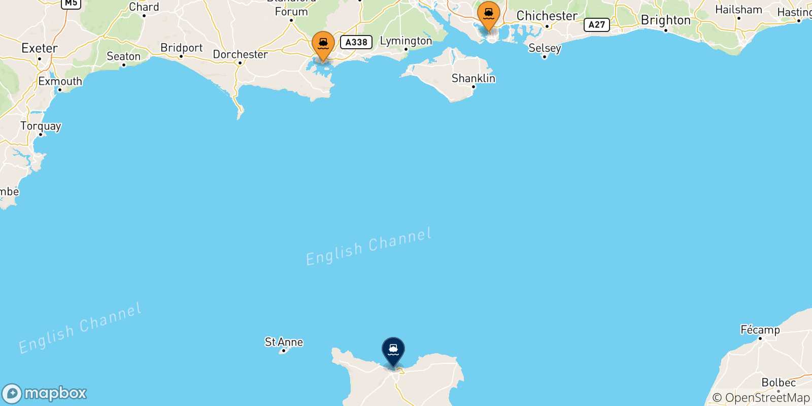 Mapa de las posibles rutas entre Inglaterra y  Cherbourg