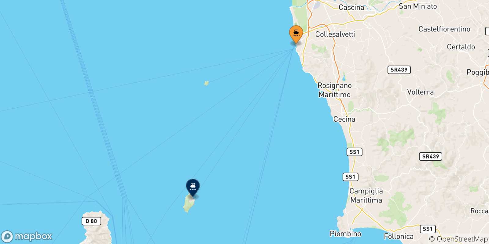 Mapa de las posibles rutas entre Italia y  Isla De Capraia