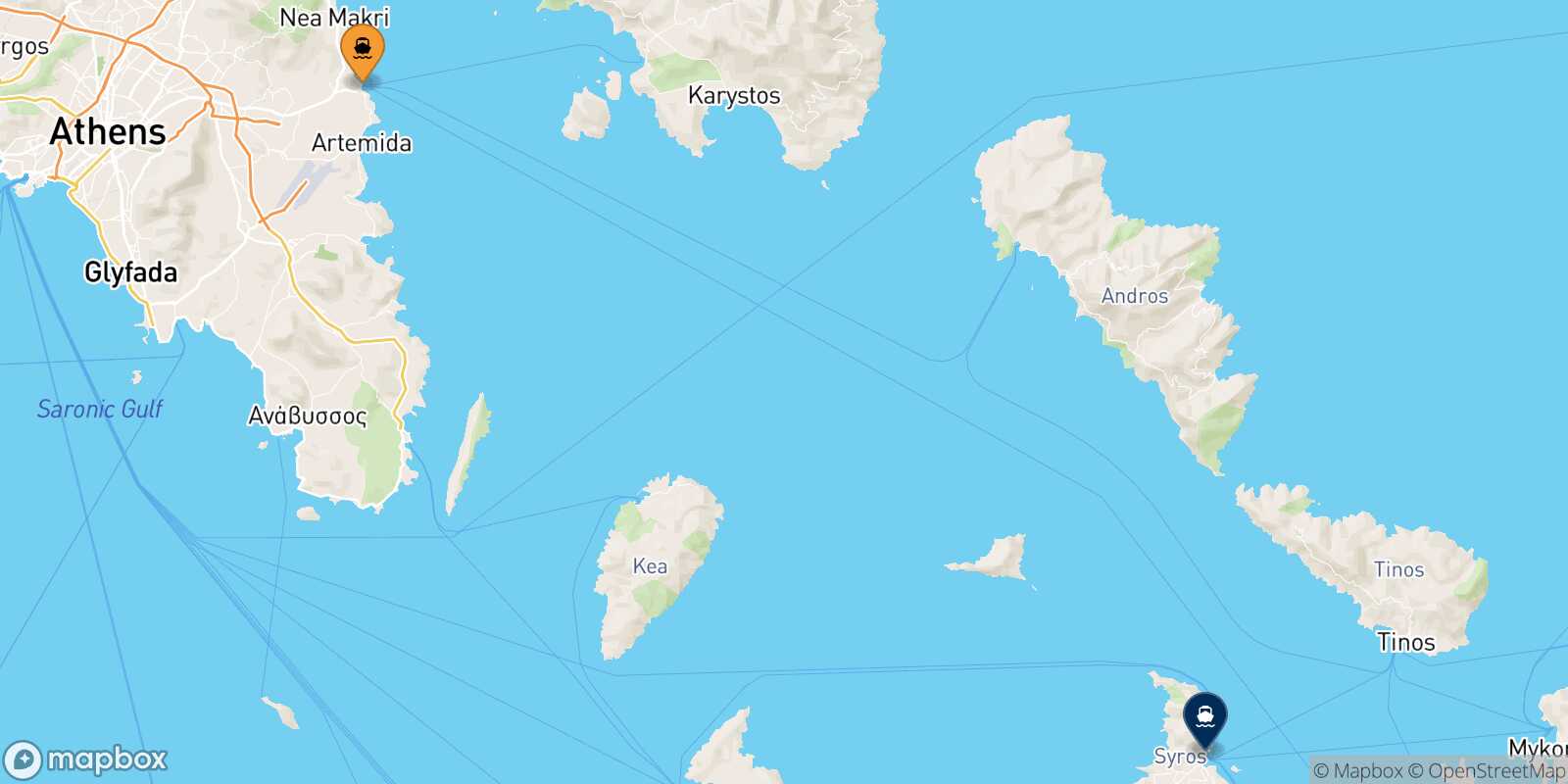 Mapa de la ruta Rafina Syros