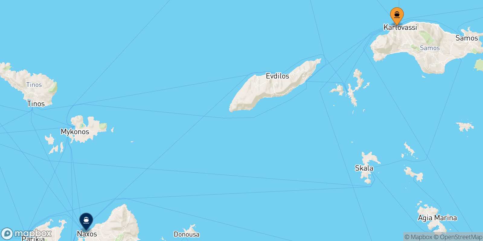 Mapa de la ruta Karlovassi (Samos) Naxos