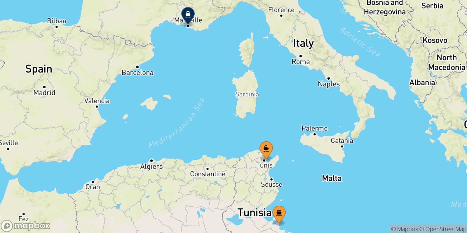 Mapa de los puertos conectados con  Marsella
