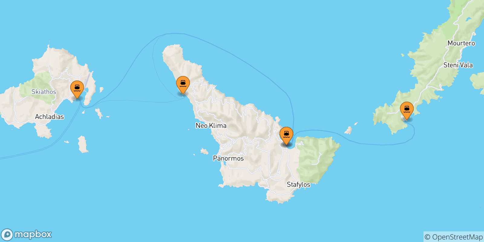 Mapa de las posibles rutas entre Islas Espóradas y  Skiathos