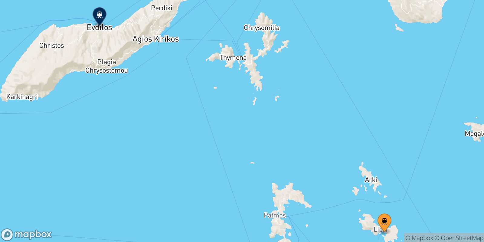 Mapa de la ruta Lipsi Evdilos (Ikaria)