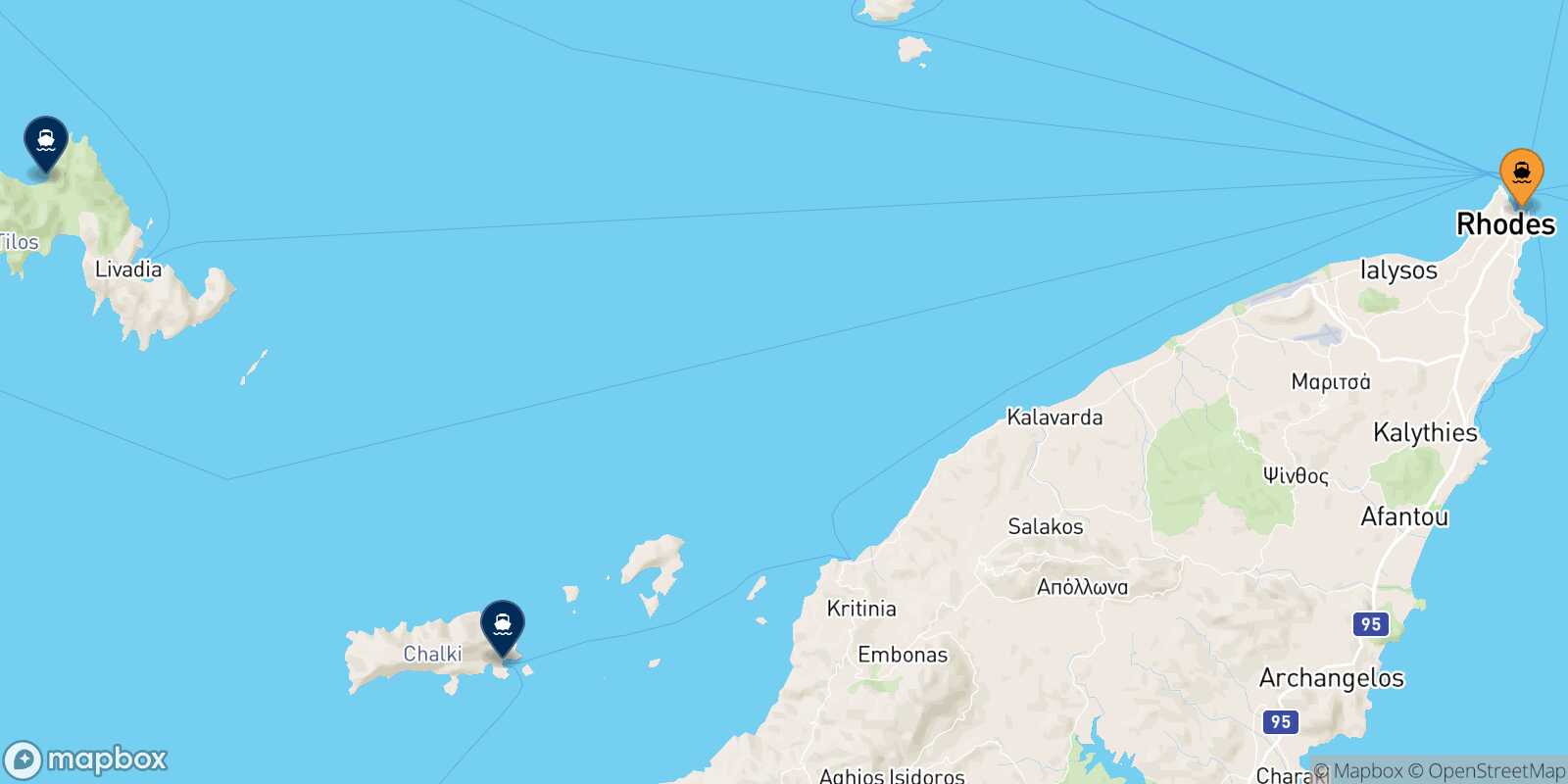 Mapa de los destinos alcanzables de Skala Kamirou (Rhodes)