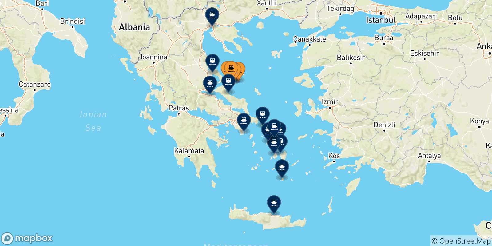 Mapa de las posibles rutas entre Islas Espóradas y  Grecia