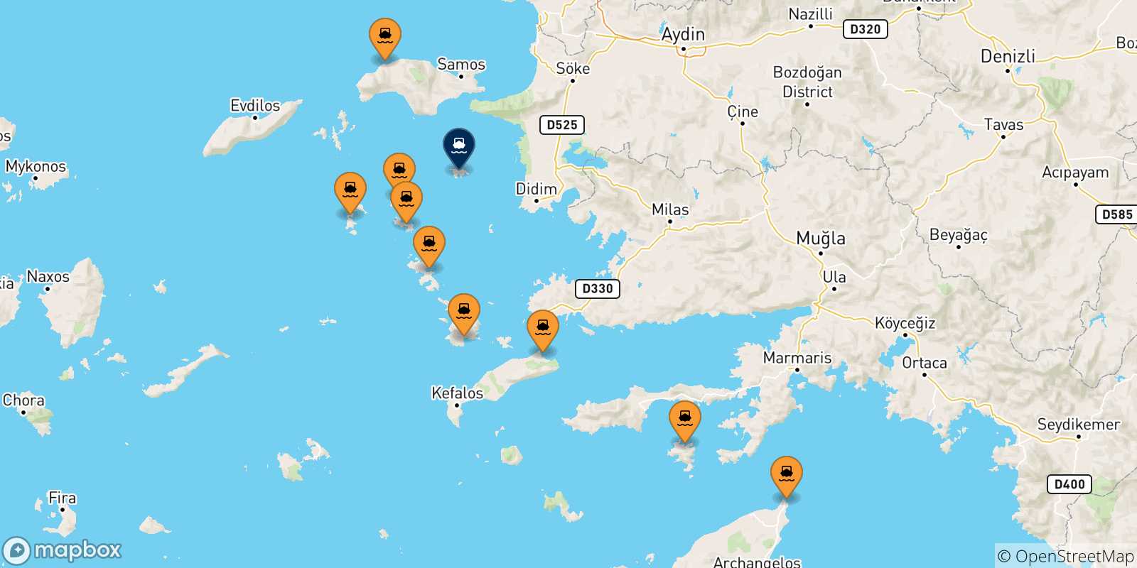 Mapa de las posibles rutas entre Grecia y  Agathonisi