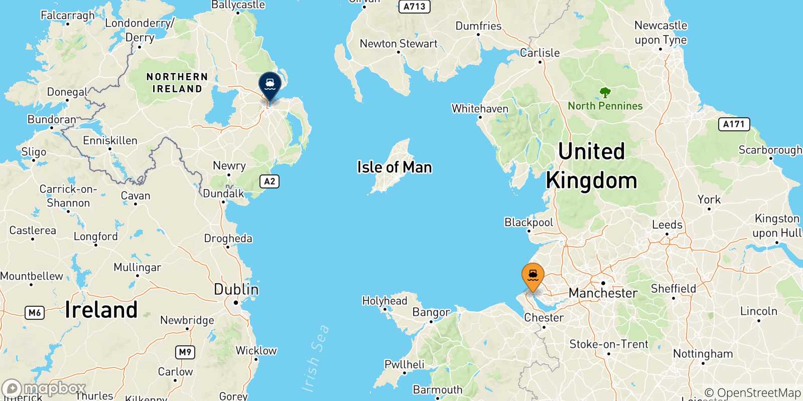 Mapa de las posibles rutas entre Inglaterra y  Belfast