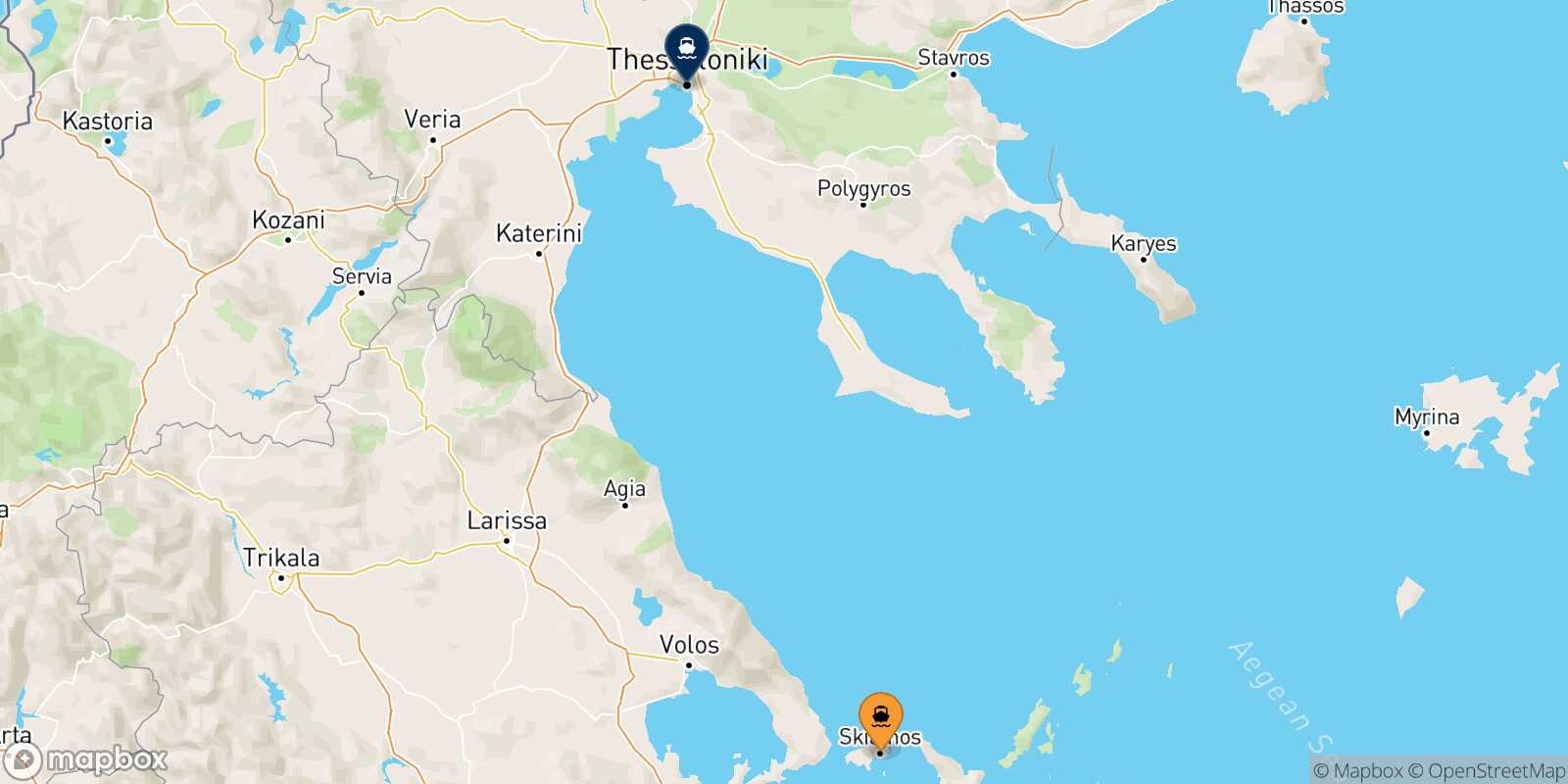 Mapa de la ruta Skiathos Salónica