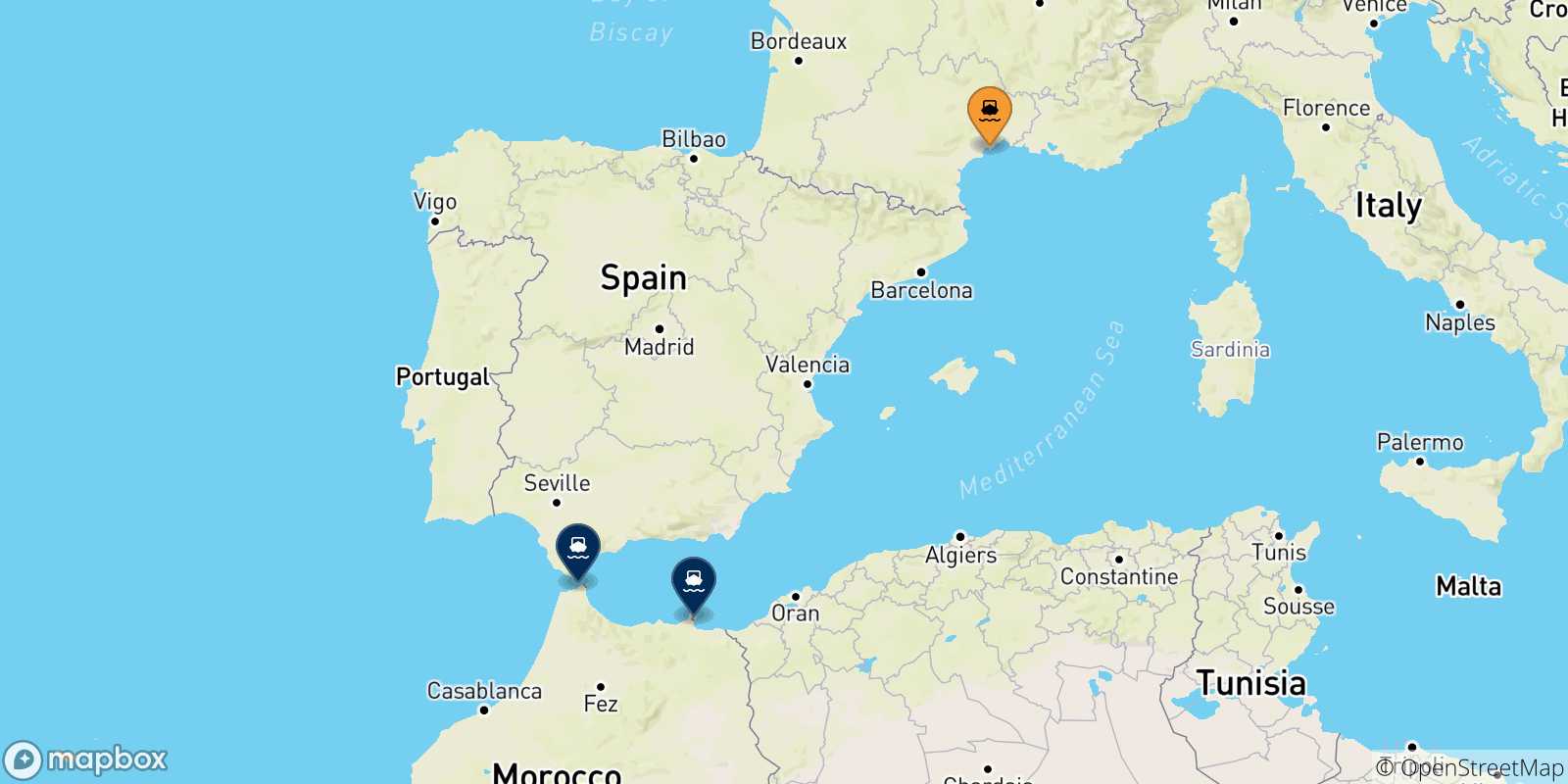 Mapa de las posibles rutas entre Francia y  Marruecos