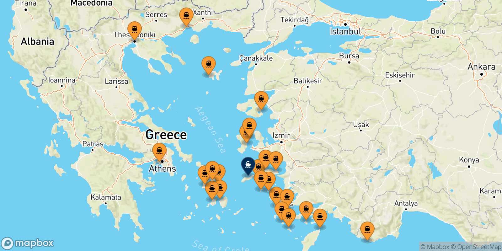Mapa de los puertos conectados con  Evdilos (Ikaria)
