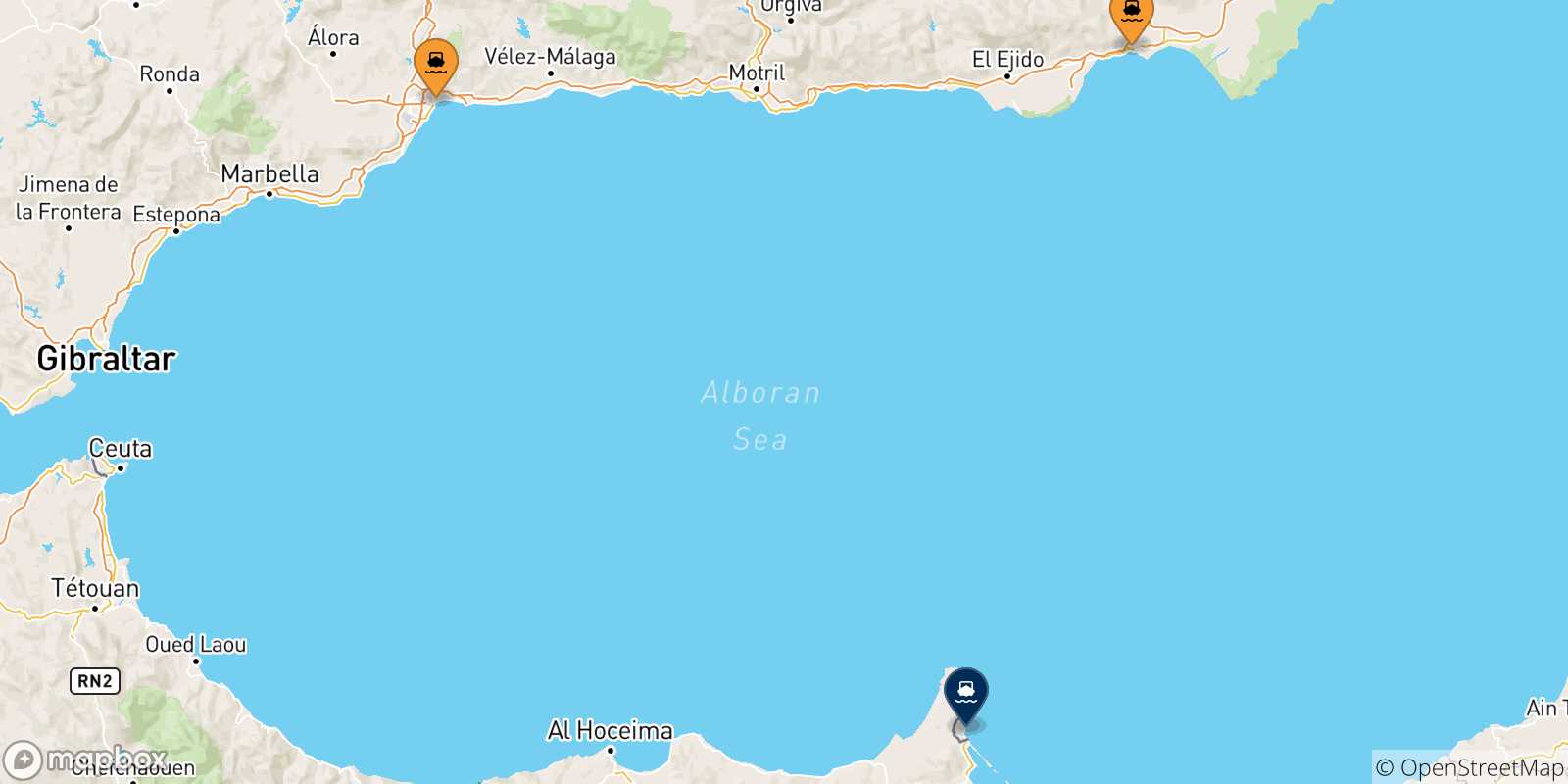 Mapa de las posibles rutas entre España y  Melilla