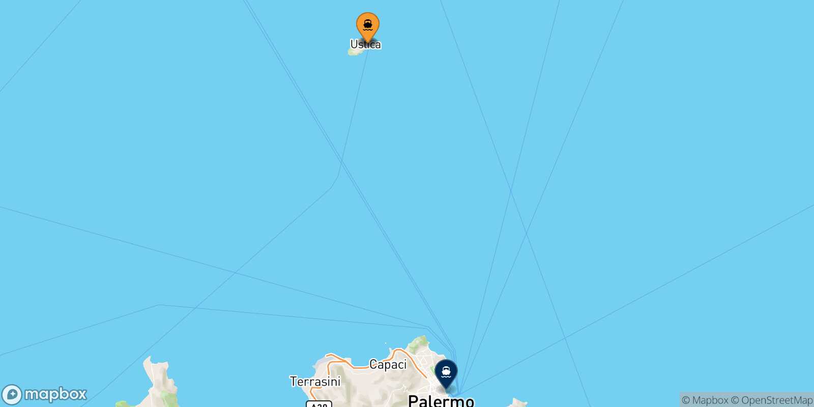 Mapa de los puertos conectados con  Palermo