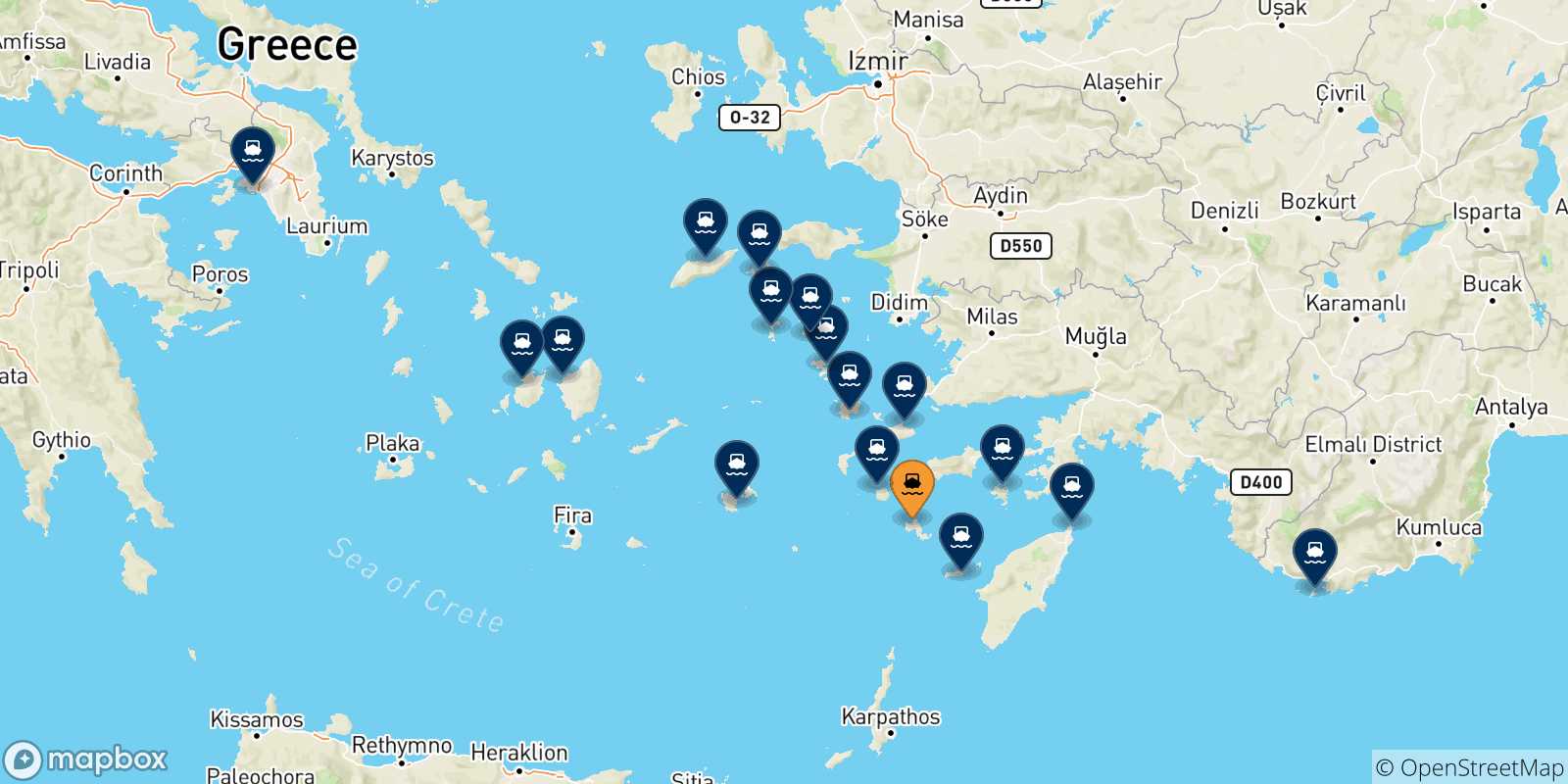 Mapa de las posibles rutas entre Tilos y  Grecia
