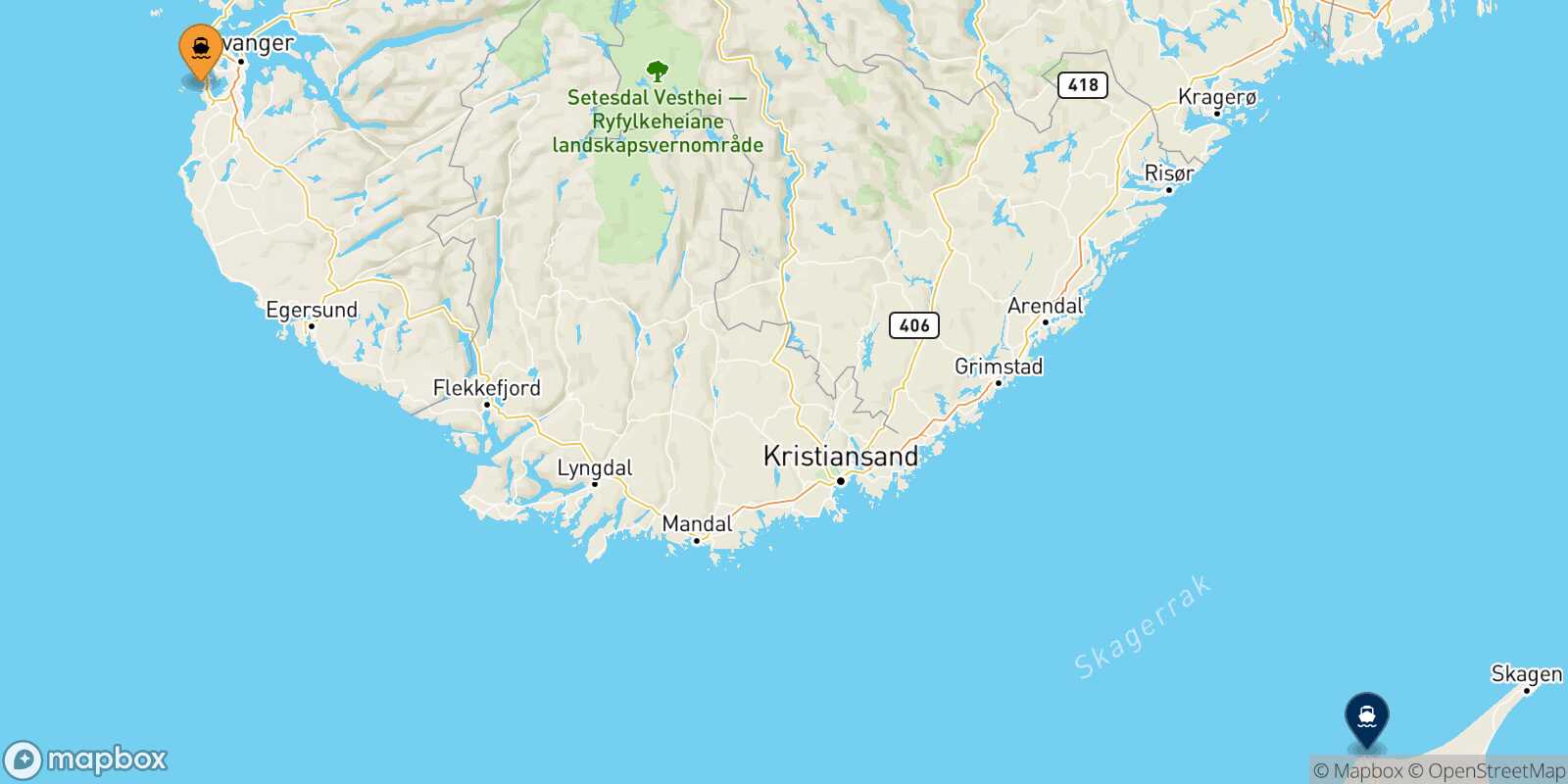 Mapa de la ruta Stavanger Hirtshals