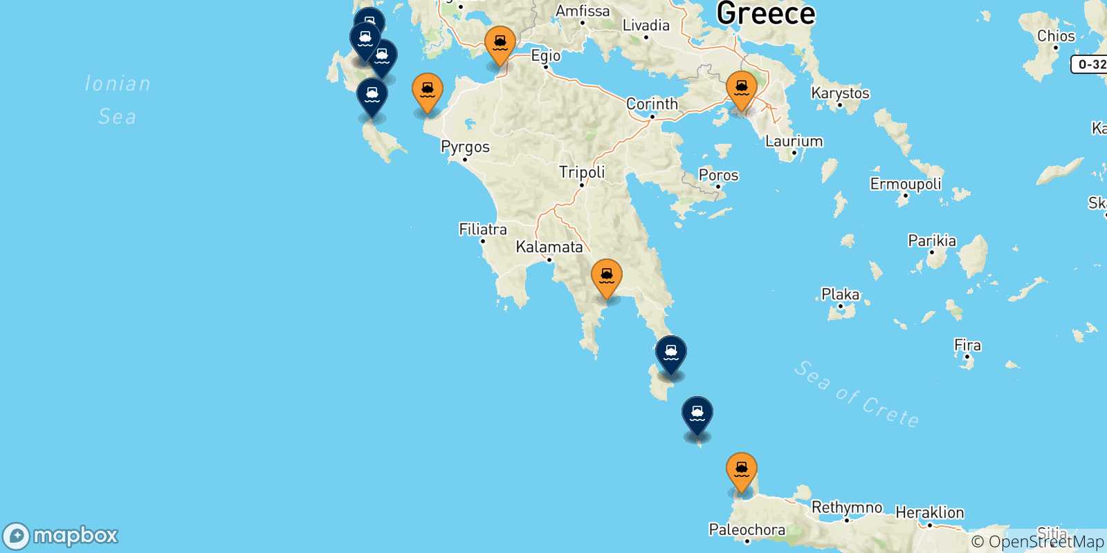Mapa de las posibles rutas entre Grecia y  Islas Jonicas