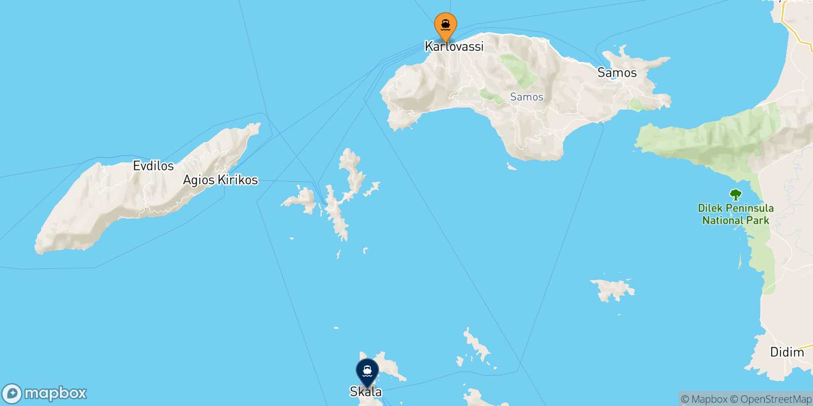 Mapa de la ruta Karlovassi (Samos) Patmos