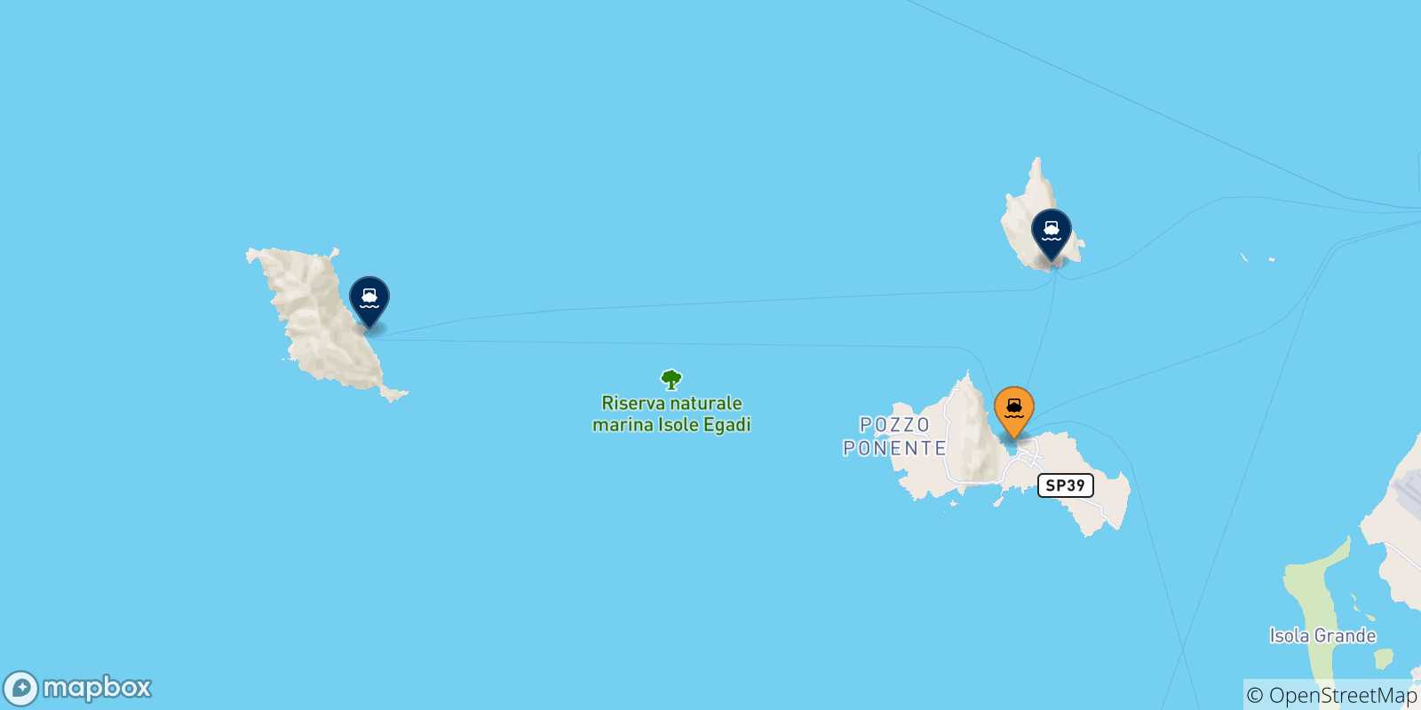 Mapa de las posibles rutas entre Favignana y  Islas Egadas