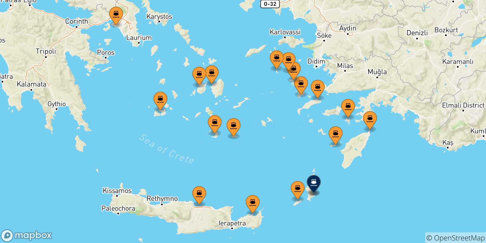 Mapa de las posibles rutas entre Grecia y  Karpathos