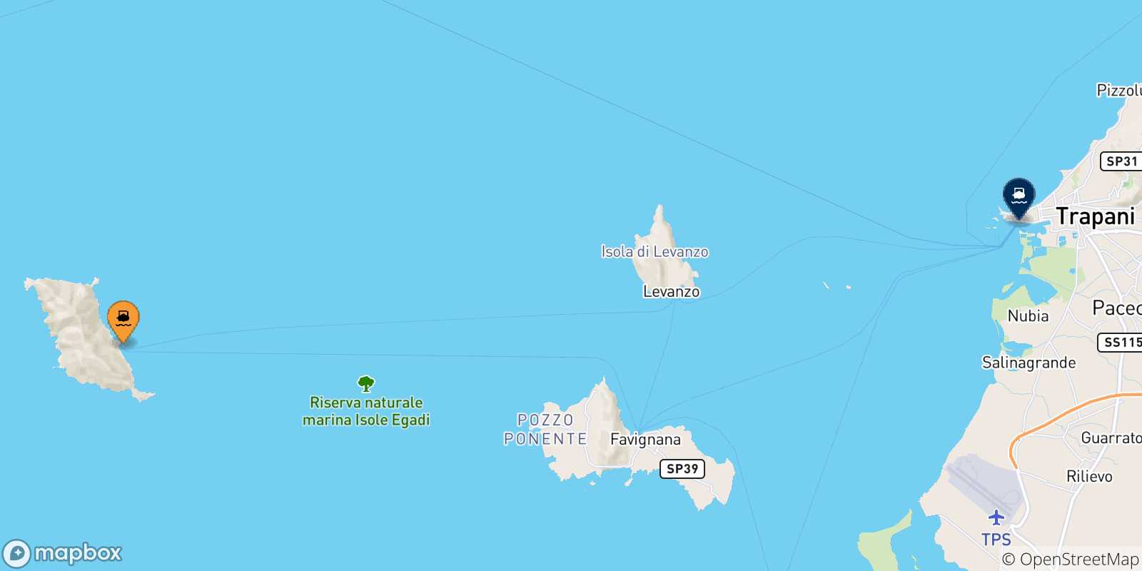 Mapa de las posibles rutas entre Marettimo y  Sicilia