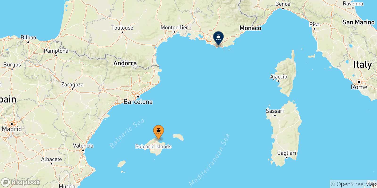 Mapa de las posibles rutas entre Islas Baleares y  Tolón