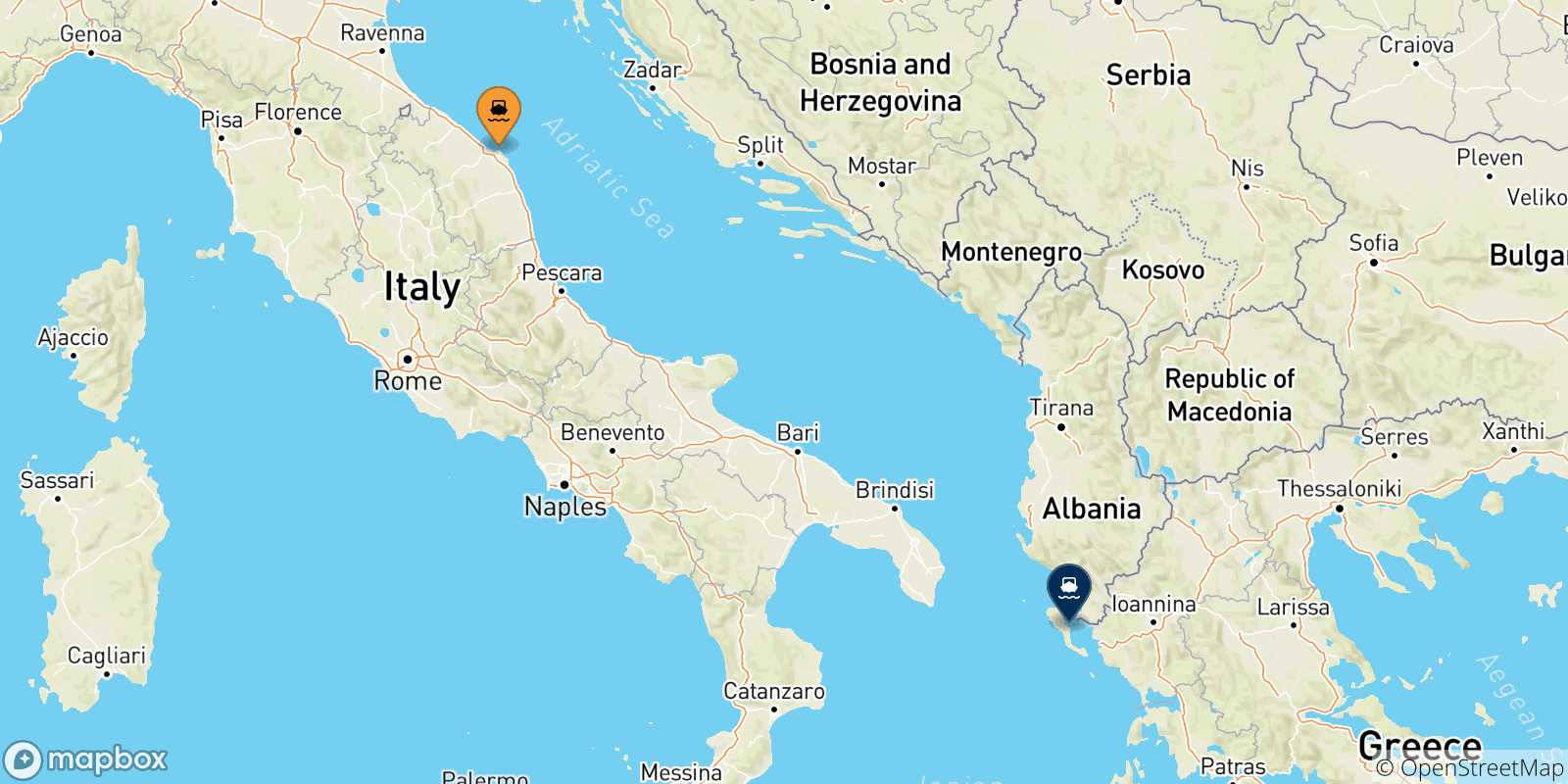 Mapa de las posibles rutas entre Ancona y  Islas Jonicas