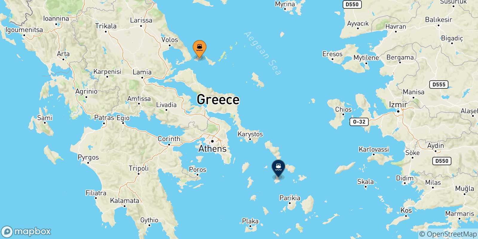 Mapa de las posibles rutas entre Islas Espóradas y  Syros