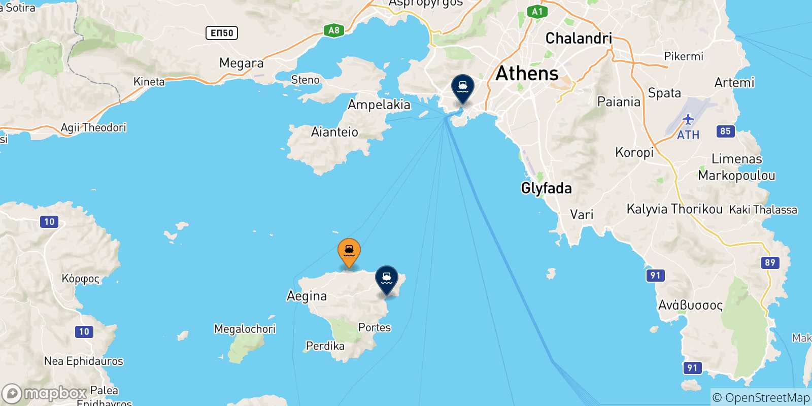 Mapa de las posibles rutas entre Souvala (Aegina) y  Grecia