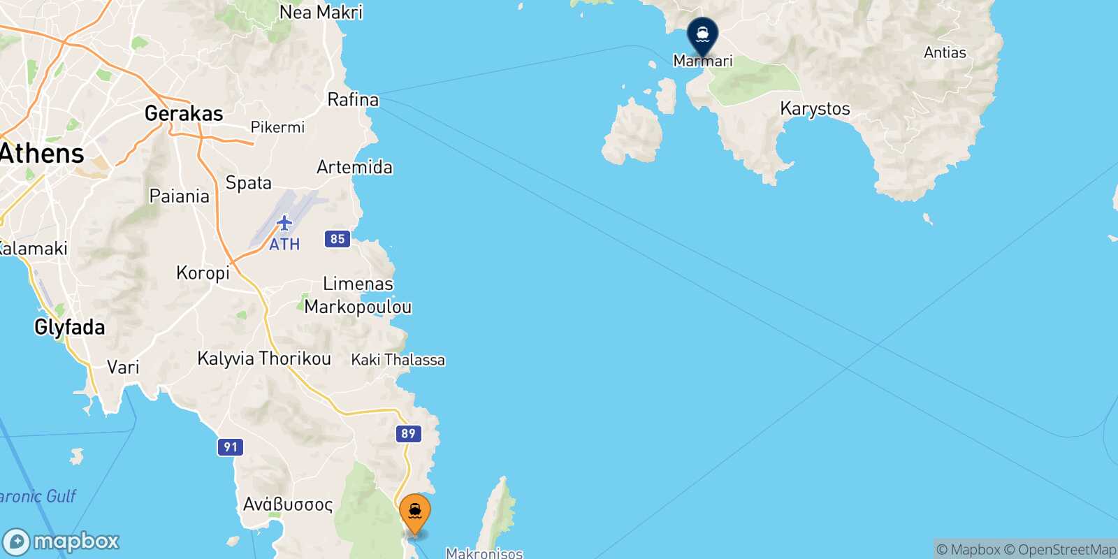 Mapa de la ruta Lavrio Karystos