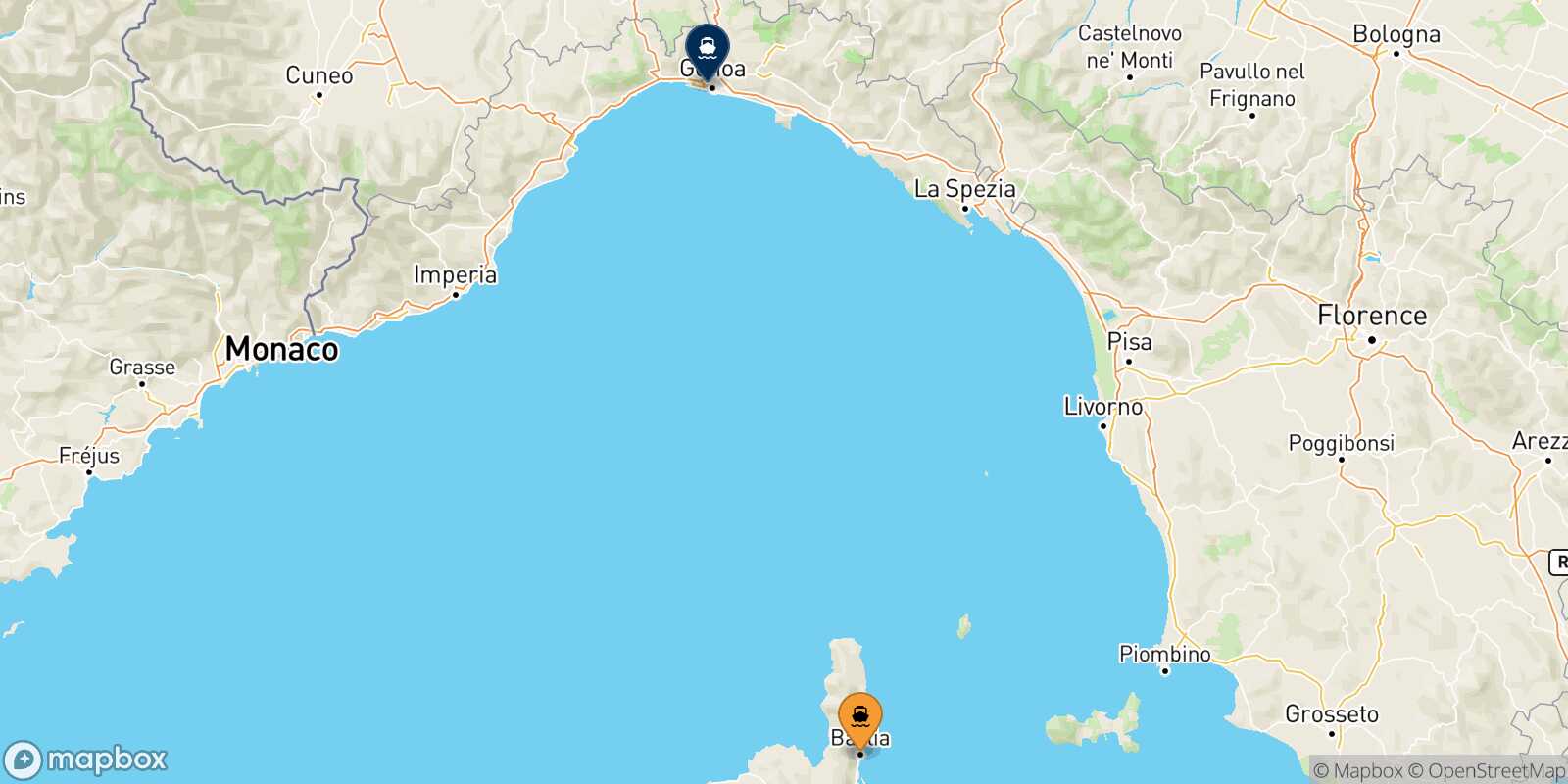 Mapa de la ruta Bastia Genova