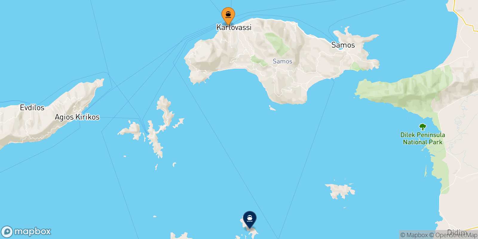 Mapa de la ruta Pythagorio (Samos) Arkyi