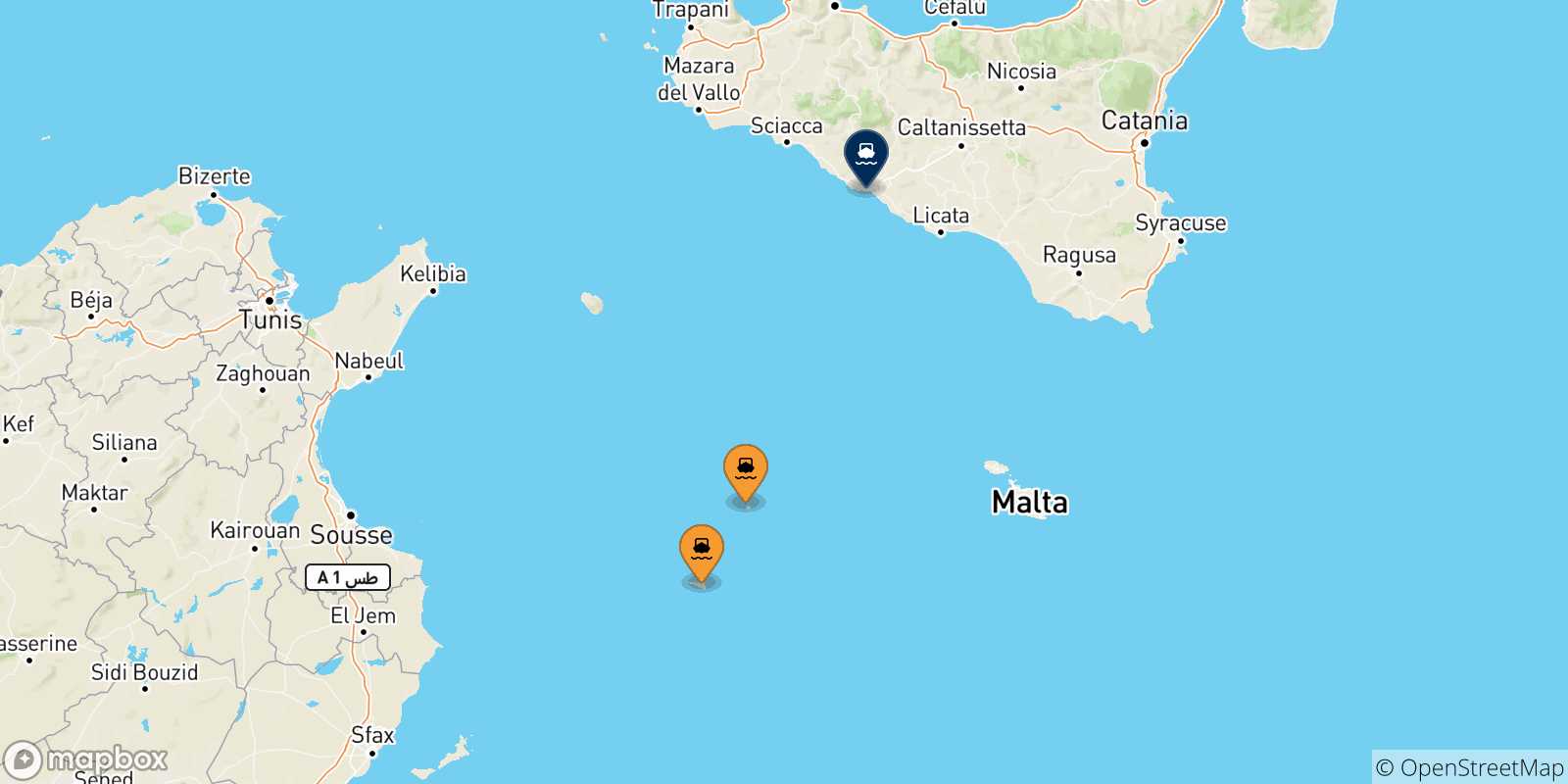 Mapa de las posibles rutas entre Italia y  Porto Empedocle