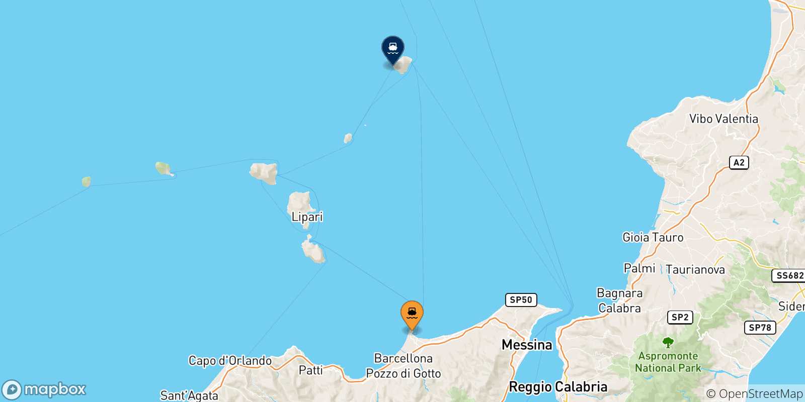 Mapa de las posibles rutas entre Sicilia y  Ginostra (Stromboli)