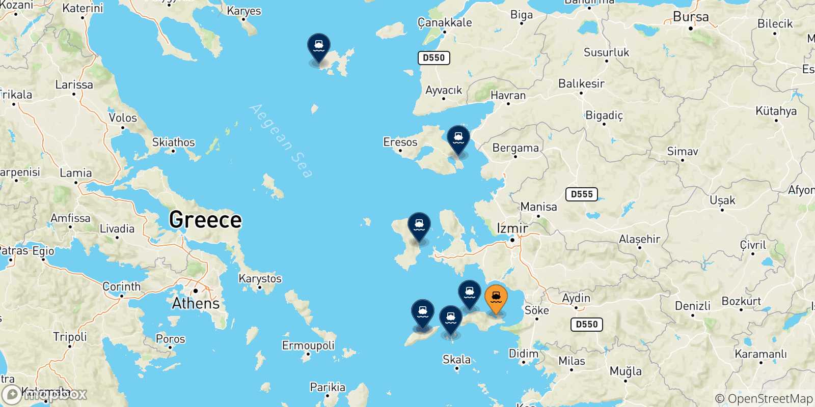 Mapa de las posibles rutas entre Vathi (Samos) y  Islas Del Egeo